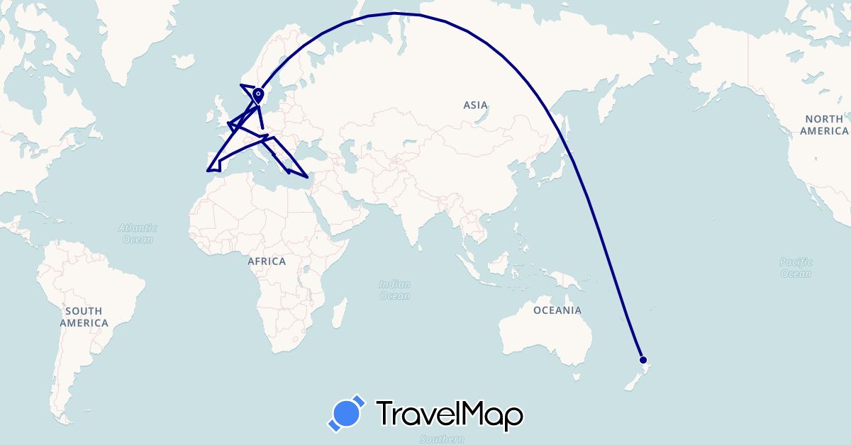 TravelMap itinerary: driving in Austria, Cyprus, Czech Republic, Denmark, Spain, France, United Kingdom, Greece, Hungary, Montenegro, Norway, New Zealand, Portugal, Slovenia (Asia, Europe, Oceania)